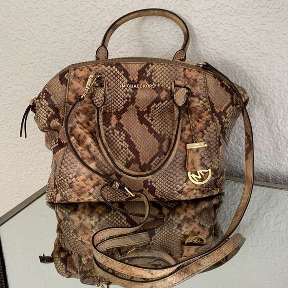 Michael Kors Riley Large Satchel Python Embossed Leather Handbag Brown, Tan - Picture 3 of 12